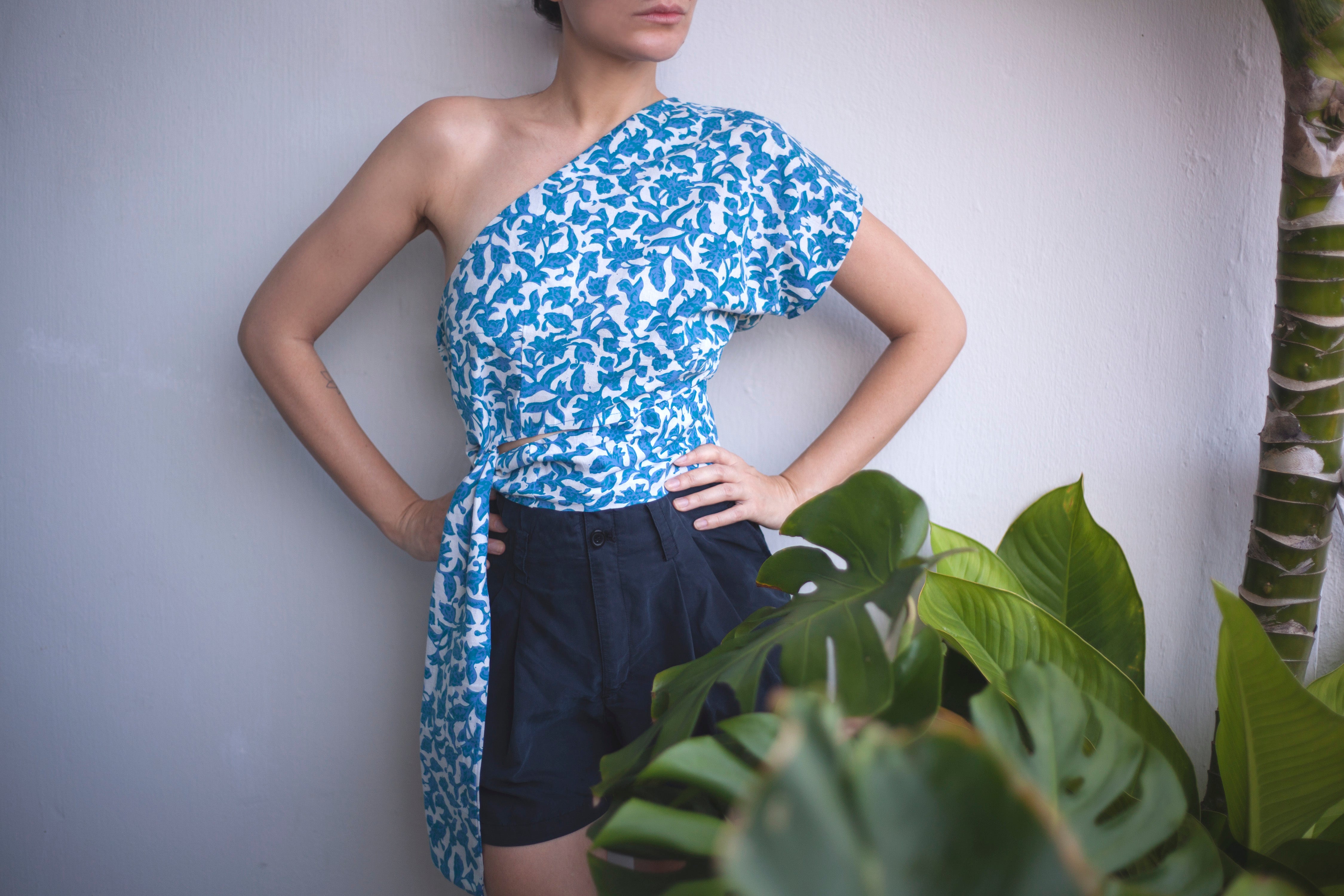 Paloma one shoulder top in Blue Pea